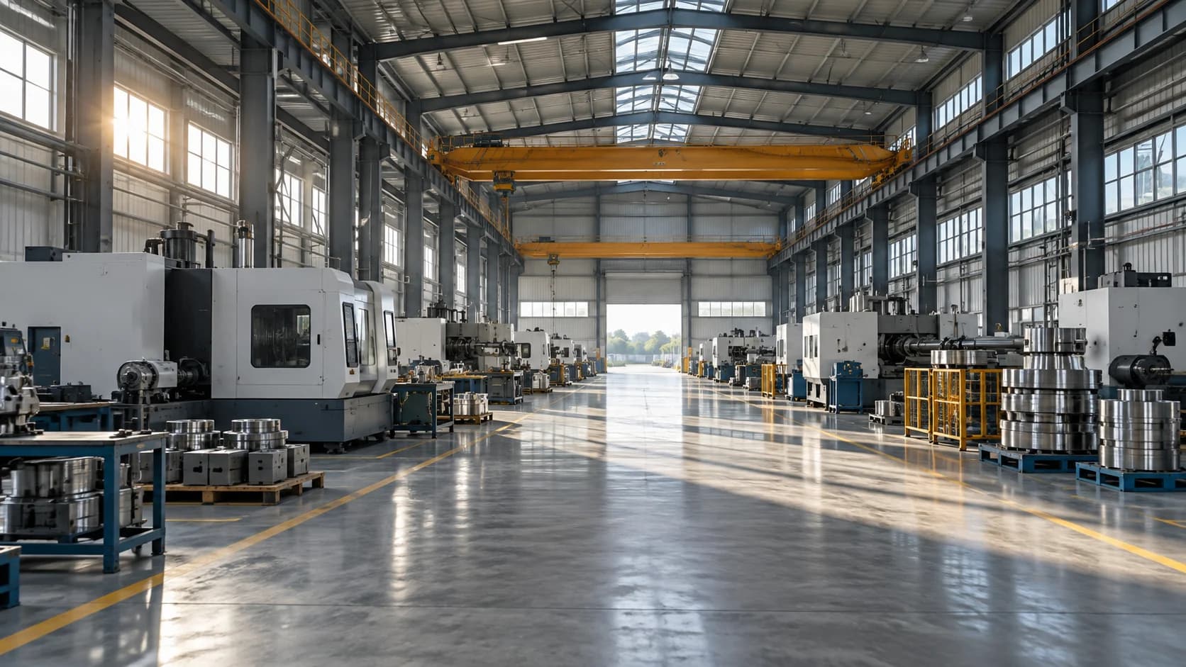 Industrial machine hall with sunlight through structural beams