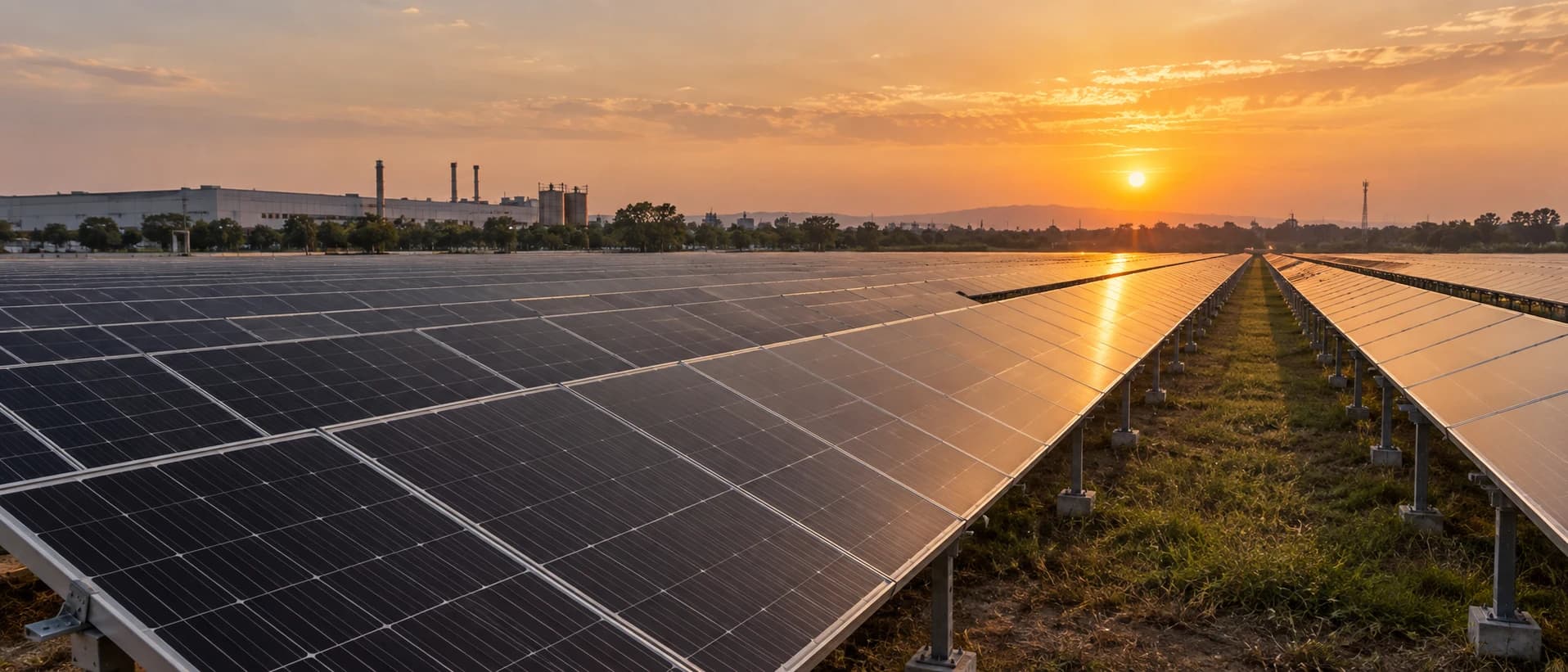 Rows of photovoltaic panels at golden hour